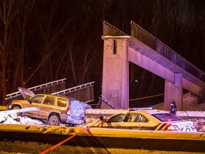 The scene of a collapsed pedestrian bridge over Highway 132 near Normandie St. in Longueuil in on Tuesday, February 10, 2015.