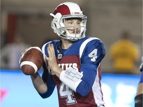 Montreal Alouettes quarterback Jeff Mathews (4) during fourth quarter action against the Winnipeg Blue Bombers, during CFL game at Molson Stadium on Friday June 22, 2018.