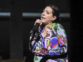 Betty Bonifassi sings during the media preview of SLĀV, a theatrical production that is part of the Montreal International Jazz Festival Tuesday June 26, 2018.