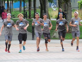 The Montreal Runners arrive at Terry Fox Foundation headquarters at Simon Fraser University in Vancouver, June 30, 2018. Left to right, Declan McCool, Keiston Herchel, Akshay Grover, Marc-André Blouin, Muhan Patel, Matthieu Blouin.