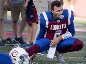 Montreal Alouettes quarterback Johnny Manziel didn’t get on the field for one play against the Edmonton Eskimos at Molson Stadium in Montreal on Thursday July 26, 2018.