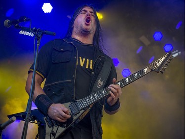 Corey Beaulieu of Trivium performs during the Heavy Montreal Festival on Sunday, July 29, 2018.
