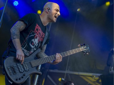 Paolo Gregoletto of Trivium performs during the Heavy Montreal Festival on Sunday, July 29, 2018.
