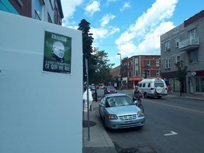 A sticker from Atalante Québec depicts a quote from far-right author Dominique Wenner. It was removed by anti-fascist activists several hours after it went up last weekend.