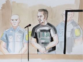 A court drawing showing Alexandre Gendron in a St- Hyacinthe courtroom on Aug. 7, 2015.