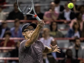 Peter Polansky returns the ball to Vasek Pospisil on centre court at Uniprix Stadium at the Rogers Cup in Montreal, on Monday, August 7, 2017. (Dave Sidaway / MONTREAL GAZETTE) ORG XMIT: 59126