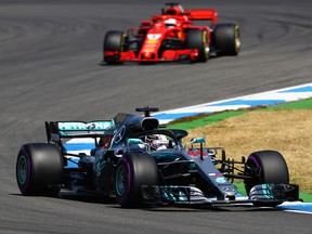 Lewis Hamilton leads Sebastian Vettel during Friday practice for the German Grand Prix in Hockenheim. Atop the drivers' standings, it's Vettel who leads Hamilton.