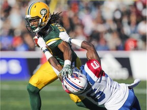 Eskimos Derel Walker fights tackle attempt by Alouettes' Ramon Taylor in 2016. Walker has 27 receptions for 386 yards and three touchdowns in five games this season.