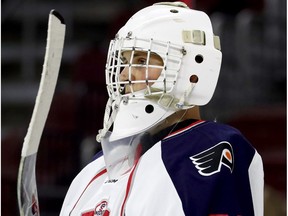 Canadiens draft pick Cayden Primeau takes a breather during the CCM/USA Hockey All-American Prospects Game on Sept. 22, 2016, at the Wells Fargo Center in Philadelphia.