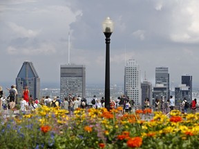 MONTREAL, QUE.: JULY 26, 2018 -- A group of tourists visit the lookout on Mount Royal in Montreal, on Thursday, July 26, 2018. (Allen McInnis / MONTREAL GAZETTE) ORG XMIT: 60