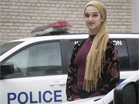 Sondos Lamrhari outside a police station in Montreal on June 14, 2018. Lamrhari voiced her dream of wanting to become the first police officer in Quebec to wear a hijab, and political leaders reacted with stereotypical views of what the garment signifies and how it should be worn.