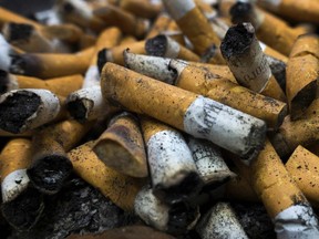This file photo taken on April 18, 2016, shows smoked cigarettes in an ashtray on in Centreville, Va.