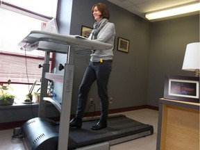 Jill Barker at a treadmill workstation at McGill University in 2013. The more opportunities and options employees have to be active, the greater the buy-in.