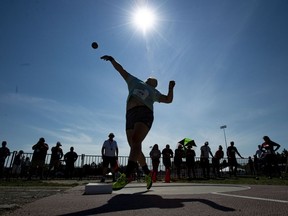 Brittany Crew participates in the senior women's shot put at the Canadian Track and Field Championships in Ottawa on July 8, 2018.