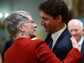 Prime Minister Justin Trudeau congratulates Patty Hajdu after being sworn in as the Minister of Labour during a cabinet shuffle at Rideau Hall in Ottawa on Tuesday, Jan 10, 2017.