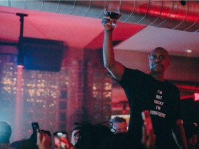 Comedian Dave Chappelle wears a "I'm not cocky. I'm confident" t-shirt by Montreal brand Okinx during his time in town for Just For Laughs.