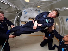 The late Stephen Hawking, who experienced weightlessness in a ZERO-G specially-equipped plane in August 2007, was among about 15 celebrities who have already enjoyed the atmospheric adventure. About two dozen affluent Canadians are among hundreds of eager travellers who may become space tourists in the coming months.THE CANADIAN PRESS/HO, Steve Boxall, Zero Gravity Corporation *MANDATORY CREDIT*
