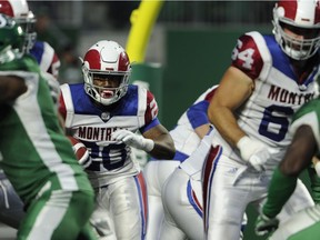 Montreal Alouettes running back Tyrell Sutton runs the ball during second half CFL action against the Saskatchewan Roughriders at Mosaic Stadium in Regina on Saturday, June 30, 2018.