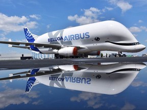 This photo taken on Thursday, June 28, 2018 and provided by Airbus shows the first BelugaXL rolling out of the paintshop, unveiling a special livery, in Toulouse, southern France. The BelugaXL will now undertake ground tests before its first flight planned in summer 2018. (Jean-Vincent Reymondon/Airbus via AP) ORG XMIT: PAR503