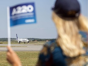 An Airbus A220 taxis at Toulouse-Blagnac airport, southwestern France, July 10, 2018. Airbus unveiled its A220 aircraft — formerly Bombardier C Series planes.