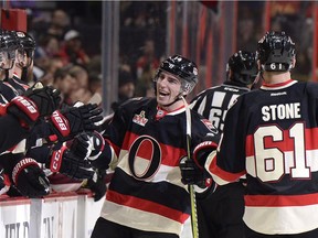 Alexandre Burrows celebrates after scoring goal for the Ottawa Senators against the Colorado Avalanche during NHL game in Ottawa on March 2, 2017.