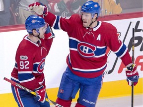 Oct. 24: Shea Weber celebrates his goal against the Florida Panthers with teammate Jonathan Drouin.