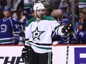 Dallas Stars centre Tyler Seguin celebrates after scoring goal against the Canucks during NHL game in Vancouver on March 16, 2017.