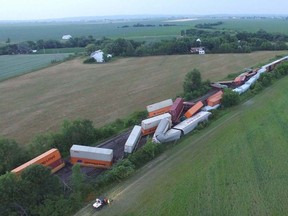 A Canadian Pacific freight train derailed Monday, July 16, 2018 in the town of Saint-Polycarpe, Que., just east of the Ontario border.