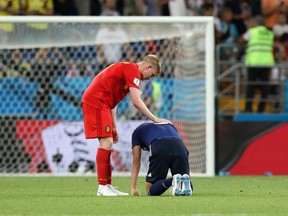 Kevin De Bruyne of Belgium consoles Gen Shoji of Japan following the 2018 FIFA World Cup Russia Round of 16 match between Belgium and Japan at Rostov Arena on July 2, 2018 in Rostov-on-Don, Russia.  (Photo by Kevin C. Cox/Getty Images)