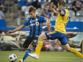 Montreal Impact's Saphir Taider takes a shot on Colorado Rapids net to score during second half MLS action in Montreal on Saturday, July 7, 2018.
