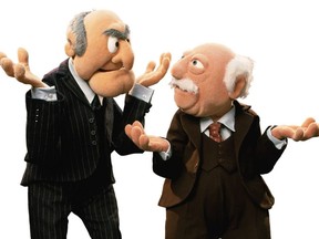 Grumpy old men Waldorf and Statler from the Muppets. "It seems that the restrictions of aging — more aches, more chronic illness, more limitations — have embittered many," writes Ronald Macfarlane.