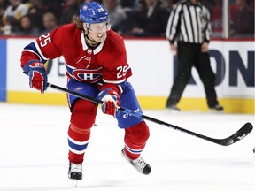 Montreal Canadiens' Jacob de la Rose in action during third period against the Pittsburgh Penguins in Montreal on March 15, 2018.