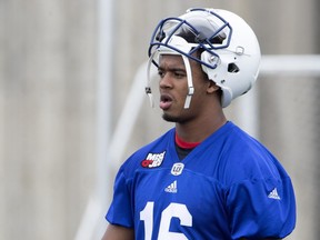 Montreal Alouettes QB Antonio Pipkin listens to instructions during a team practice in Montreal on May 28, 2018.