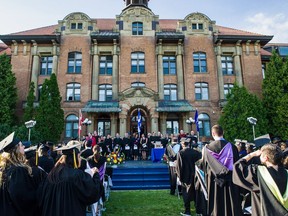 Academic staff and students arrive for a 2015 graduation ceremony at John Abbott College in Ste. Anne-de-Bellevue. The labour market has been constantly making demands — particularly of the CEGEPS — to ensure that more skilled workers are trained; there is also an increasing demand for higher-education qualifications, Bernard Tremblay says.