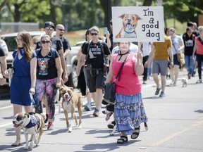 People take part in a protest against breed-specific legislation for dogs at Pelican Park in Montreal on July 16, 2016.