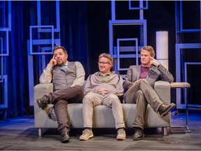 Jimmy Blais (left to right), Daniel Brochu and Marcel Jeannin rehearse the play Art on Monday at Hudson Village Theatre.