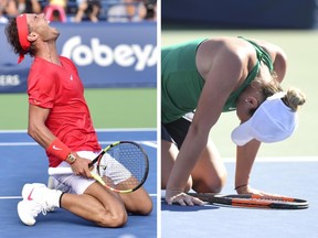 Rafael Nadal, left, and Simona Halep collapse after winning the Rogers Cup in Toronto and Montreal, respectively, on Sunday.
