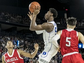 Duke's R.J. Barrett takes a shot during first half action at Place Bell on Sunday.