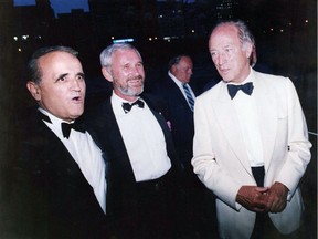 Serge Losique, left, Norman Jewison and Pierre Trudeau at the opening gala of the Festival des films du monde's 10th edition, in 1986.