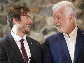 Greg Kelley, left, the Quebec Liberal candidate in Jacques-Cartier, is all smiles with Liberal Leader Philippe Couillard during Kelley's candidacy announcement on Wednesday, Aug. 22, 2018.