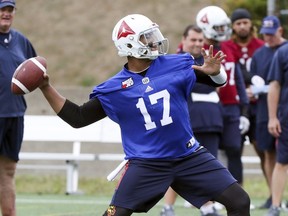 Montreal Alouettes quarterback Antonio Pipkin rears back to throw a pass during practice in Montreal on Aug. 22, 2018.