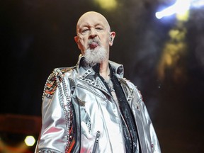 Judas Priest singer Rob Halford sticks his tongue out at photographers during concert in Montreal Wednesday August 29, 2018.