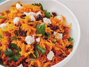 Dried cranberries and goat cheese embellish carrot salad by Giada de Laurentiis.