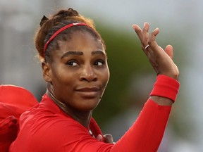 Serena Williams of the United States waves to the crowd after she lost her match to Johanna Konta of Great Britain during Day 2 of the Mubadala Silicon Valley Classic at Spartan Tennis Complex on July 31, 2018 in San Jose, California.