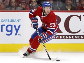 Montreal Canadiens defenceman Victor Mete looks for an open man during action against the Columbus Blue Jackets in Montreal on Nov. 14, 2017.