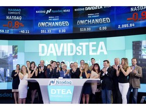 Employees and guests of DavidsTea celebrate the company's IPO at the Nasdaq MarketSite in New York on June 5, 2015.