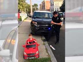 Grayson Salerno, 1, was pulled over for driving without a license, but he got off with a "cuteness warning" in Malden, Mass.