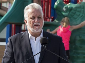 Wednesday's news conference was the third in a row Liberal Leader Philippe Couillard has held in a schoolyard.