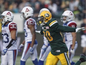 Eskimos' Bryant Mitchell (80) celebrates a touchdown against the Montreal Alouettes during first half CFL action in Edmonton on Saturday, Aug. 18, 2018.