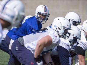 Alouettes quarterback Antonio Pipkin calls the play during training camp in Montreal on May 25, 2018. Antonio Pipkin will be the fifth quarterback in nine games this season to start for the Montreal Alouettes when they visit Edmonton. Pipkin was called in when Johnny Manziel suffered what he called a "delayed onset concussion" in only his second CFL start.